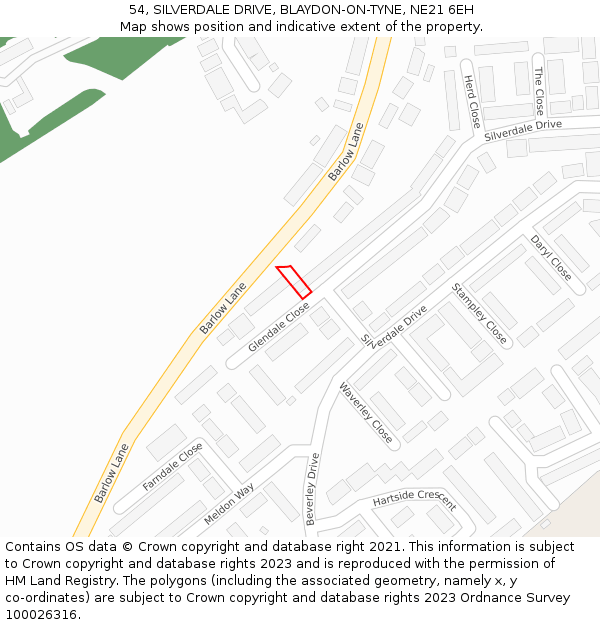 54, SILVERDALE DRIVE, BLAYDON-ON-TYNE, NE21 6EH: Location map and indicative extent of plot