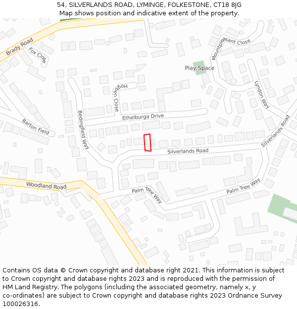 54, SILVERLANDS ROAD, LYMINGE, FOLKESTONE, CT18 8JG: Location map and indicative extent of plot