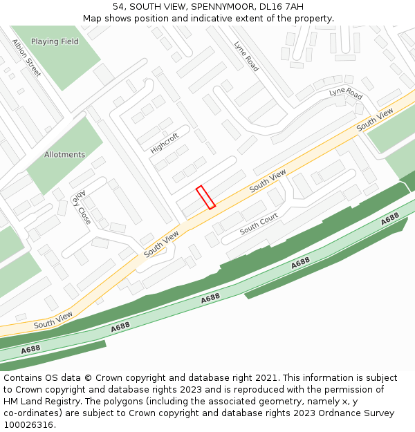 54, SOUTH VIEW, SPENNYMOOR, DL16 7AH: Location map and indicative extent of plot