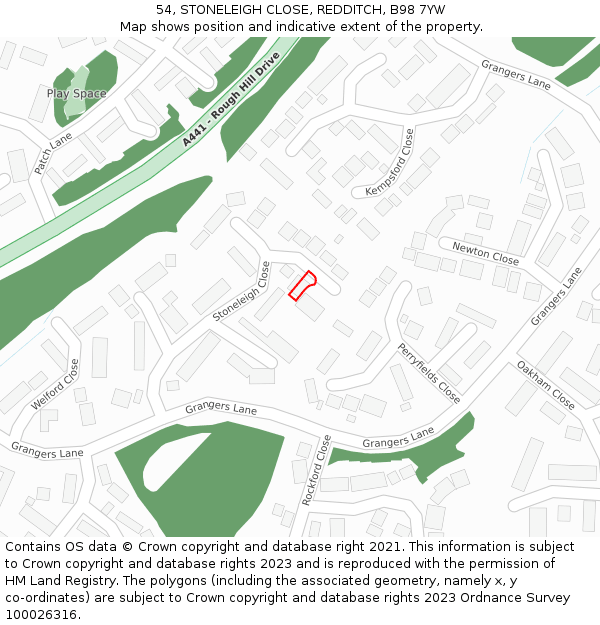 54, STONELEIGH CLOSE, REDDITCH, B98 7YW: Location map and indicative extent of plot