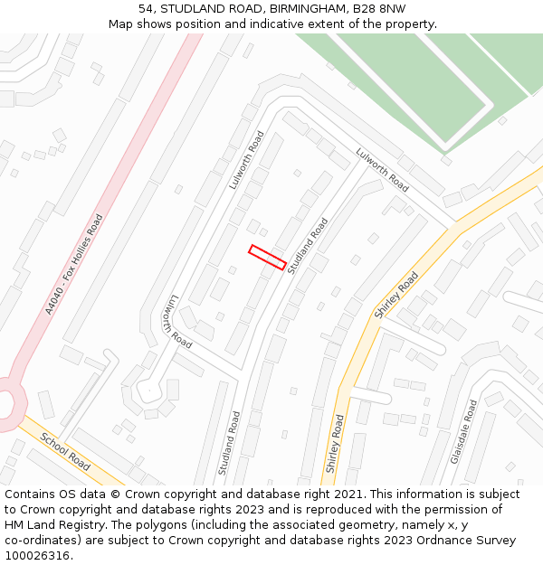 54, STUDLAND ROAD, BIRMINGHAM, B28 8NW: Location map and indicative extent of plot