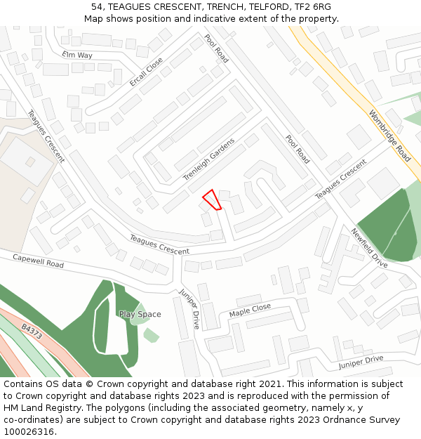 54, TEAGUES CRESCENT, TRENCH, TELFORD, TF2 6RG: Location map and indicative extent of plot