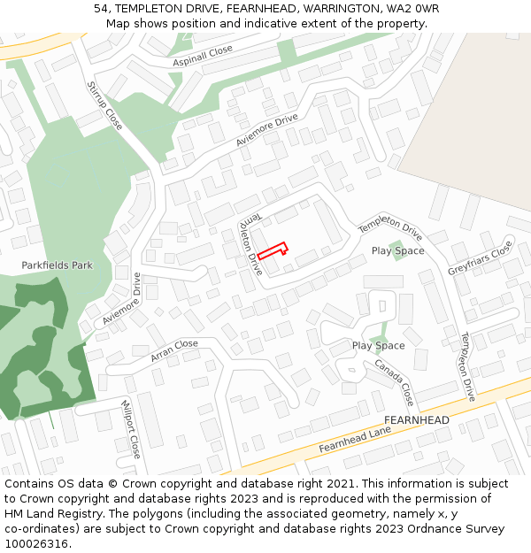 54, TEMPLETON DRIVE, FEARNHEAD, WARRINGTON, WA2 0WR: Location map and indicative extent of plot