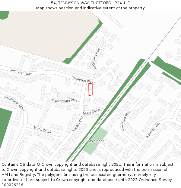 54, TENNYSON WAY, THETFORD, IP24 1LD: Location map and indicative extent of plot