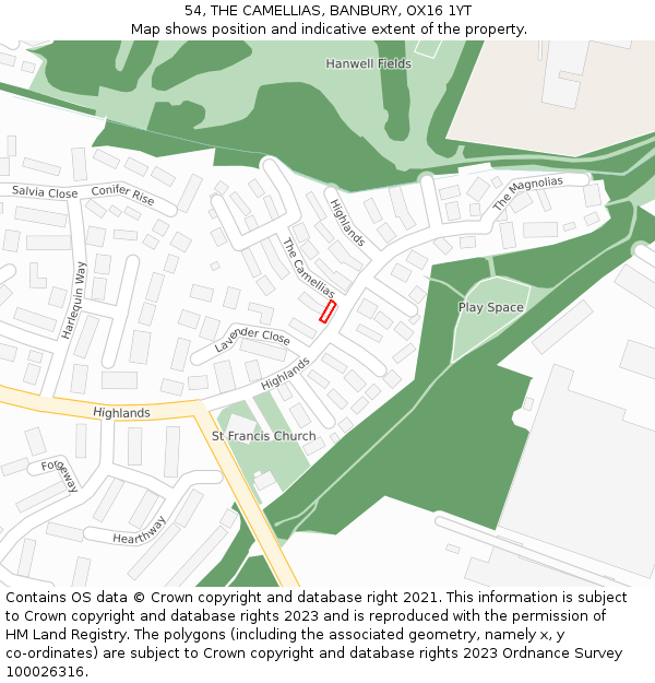 54, THE CAMELLIAS, BANBURY, OX16 1YT: Location map and indicative extent of plot