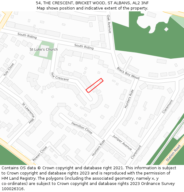 54, THE CRESCENT, BRICKET WOOD, ST ALBANS, AL2 3NF: Location map and indicative extent of plot