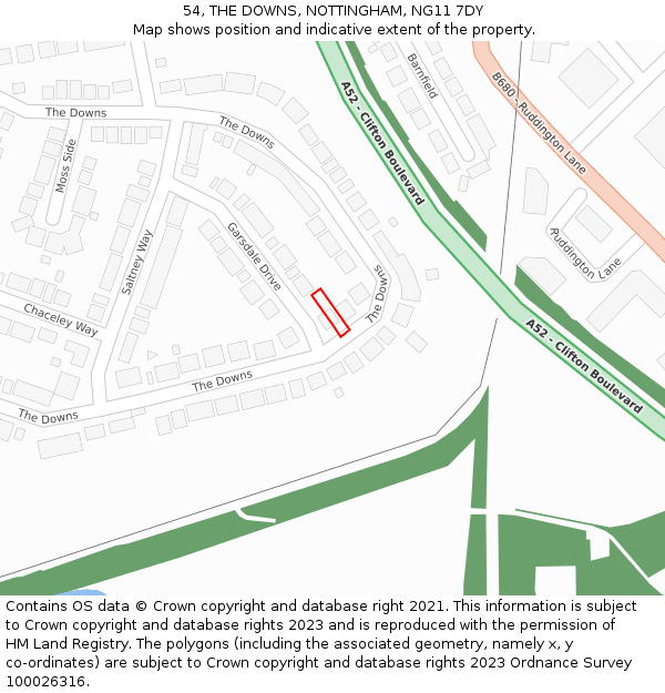 54, THE DOWNS, NOTTINGHAM, NG11 7DY: Location map and indicative extent of plot