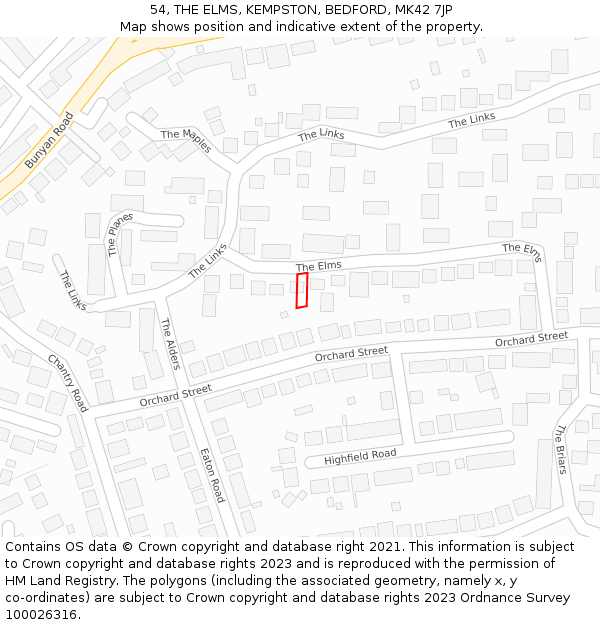 54, THE ELMS, KEMPSTON, BEDFORD, MK42 7JP: Location map and indicative extent of plot