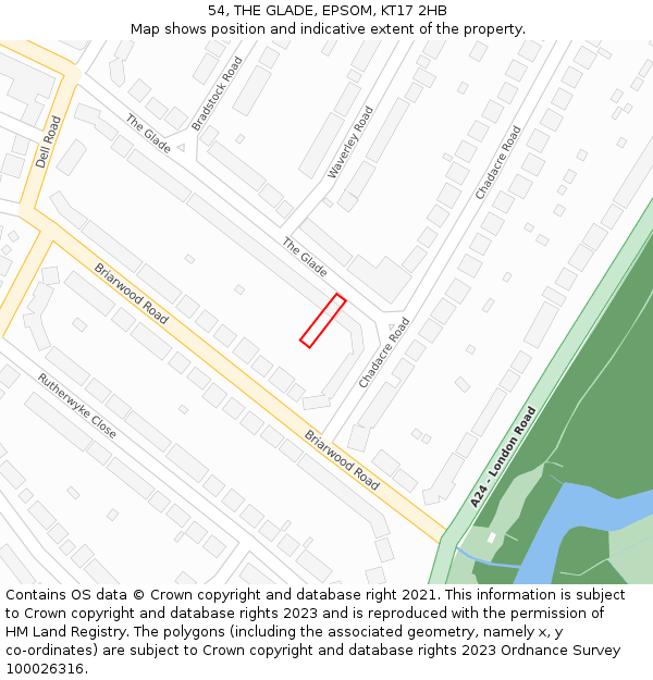 54, THE GLADE, EPSOM, KT17 2HB: Location map and indicative extent of plot