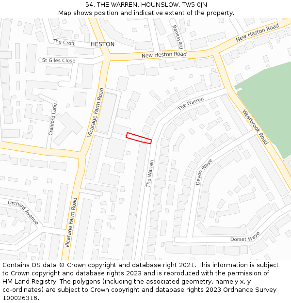 54, THE WARREN, HOUNSLOW, TW5 0JN: Location map and indicative extent of plot