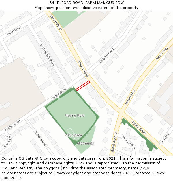 54, TILFORD ROAD, FARNHAM, GU9 8DW: Location map and indicative extent of plot