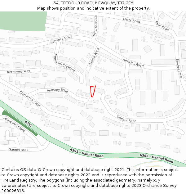 54, TREDOUR ROAD, NEWQUAY, TR7 2EY: Location map and indicative extent of plot