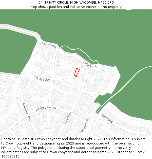 54, TRINITY CIRCLE, HIGH WYCOMBE, HP11 1FD: Location map and indicative extent of plot