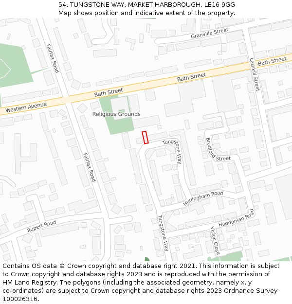 54, TUNGSTONE WAY, MARKET HARBOROUGH, LE16 9GG: Location map and indicative extent of plot