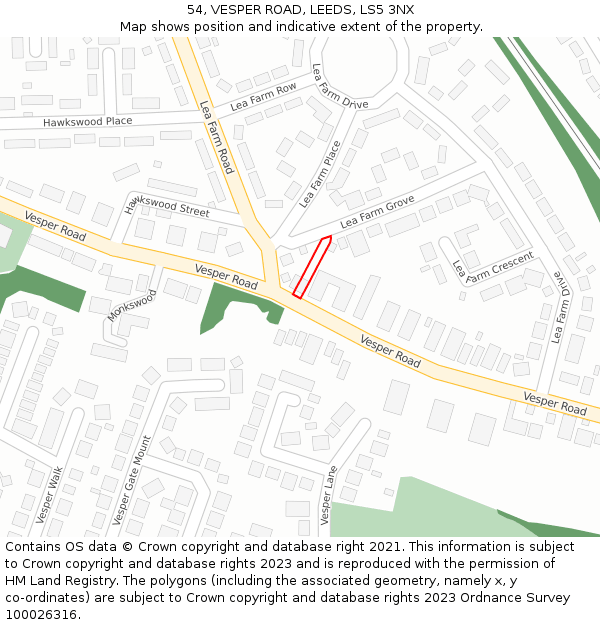54, VESPER ROAD, LEEDS, LS5 3NX: Location map and indicative extent of plot