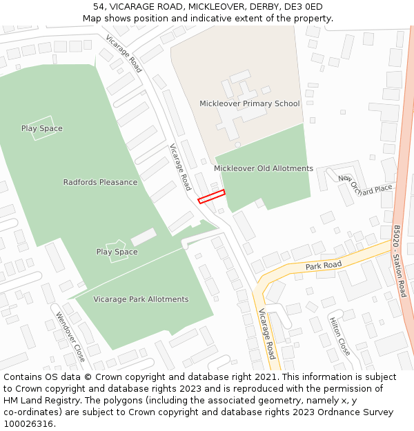 54, VICARAGE ROAD, MICKLEOVER, DERBY, DE3 0ED: Location map and indicative extent of plot