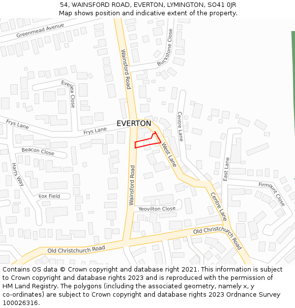 54, WAINSFORD ROAD, EVERTON, LYMINGTON, SO41 0JR: Location map and indicative extent of plot