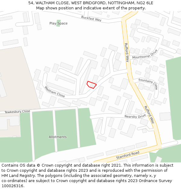 54, WALTHAM CLOSE, WEST BRIDGFORD, NOTTINGHAM, NG2 6LE: Location map and indicative extent of plot