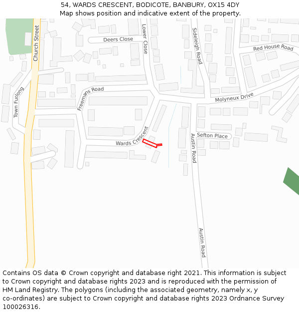 54, WARDS CRESCENT, BODICOTE, BANBURY, OX15 4DY: Location map and indicative extent of plot
