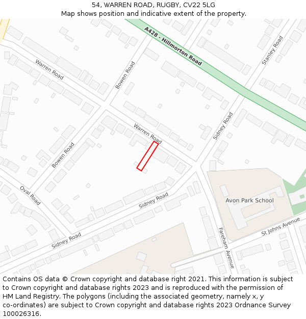 54, WARREN ROAD, RUGBY, CV22 5LG: Location map and indicative extent of plot