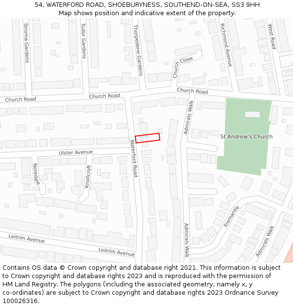 54, WATERFORD ROAD, SHOEBURYNESS, SOUTHEND-ON-SEA, SS3 9HH: Location map and indicative extent of plot