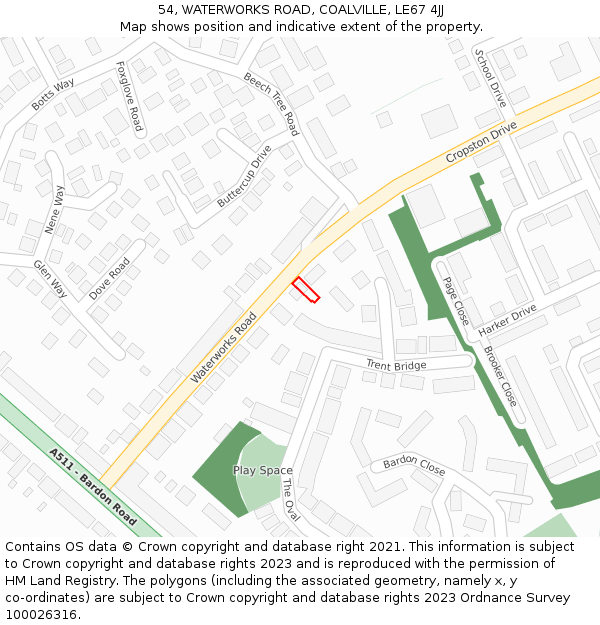 54, WATERWORKS ROAD, COALVILLE, LE67 4JJ: Location map and indicative extent of plot