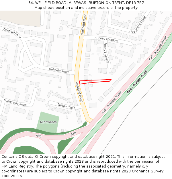 54, WELLFIELD ROAD, ALREWAS, BURTON-ON-TRENT, DE13 7EZ: Location map and indicative extent of plot