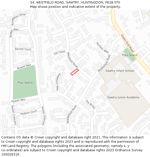 54, WESTFIELD ROAD, SAWTRY, HUNTINGDON, PE28 5TX: Location map and indicative extent of plot