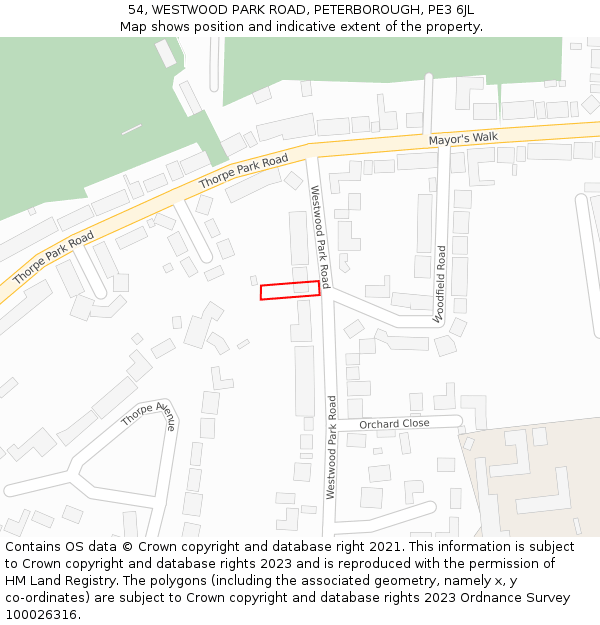 54, WESTWOOD PARK ROAD, PETERBOROUGH, PE3 6JL: Location map and indicative extent of plot