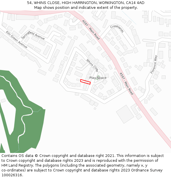 54, WHINS CLOSE, HIGH HARRINGTON, WORKINGTON, CA14 4AD: Location map and indicative extent of plot