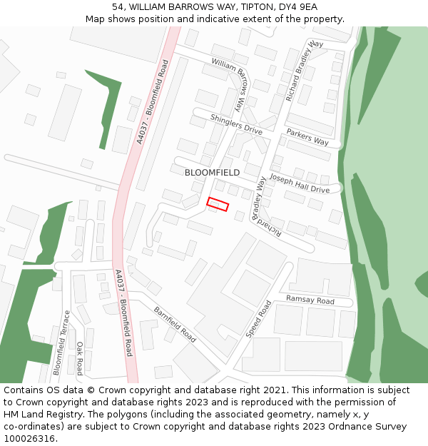 54, WILLIAM BARROWS WAY, TIPTON, DY4 9EA: Location map and indicative extent of plot