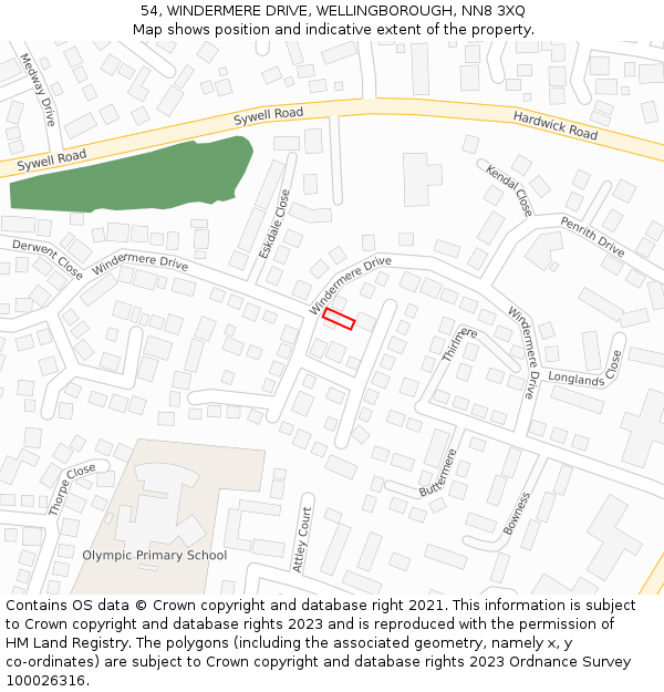 54, WINDERMERE DRIVE, WELLINGBOROUGH, NN8 3XQ: Location map and indicative extent of plot