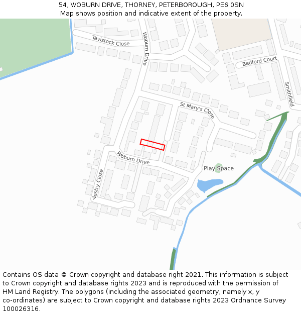 54, WOBURN DRIVE, THORNEY, PETERBOROUGH, PE6 0SN: Location map and indicative extent of plot