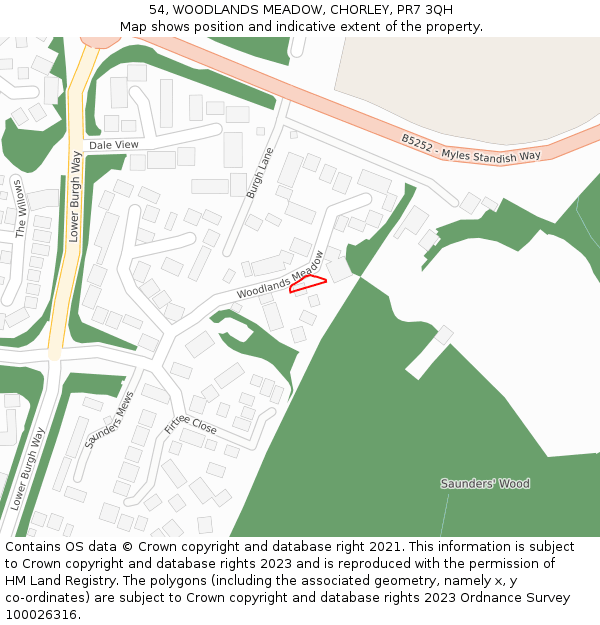 54, WOODLANDS MEADOW, CHORLEY, PR7 3QH: Location map and indicative extent of plot