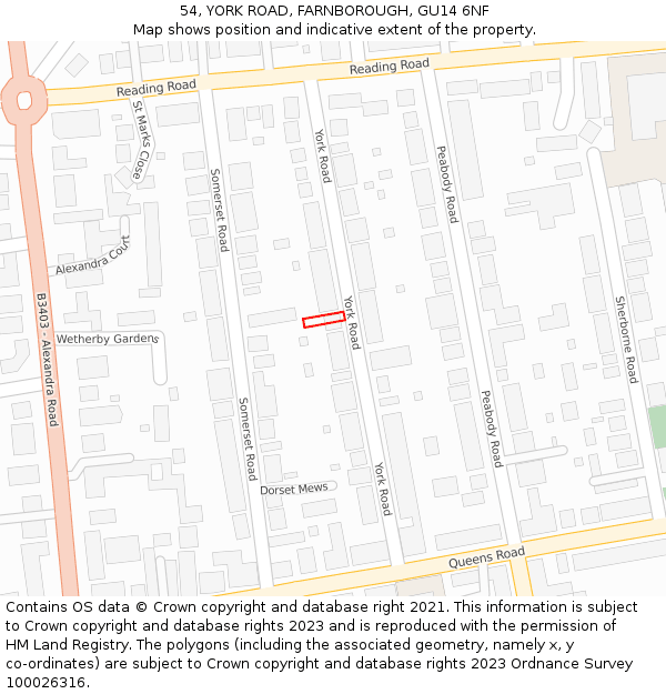 54, YORK ROAD, FARNBOROUGH, GU14 6NF: Location map and indicative extent of plot