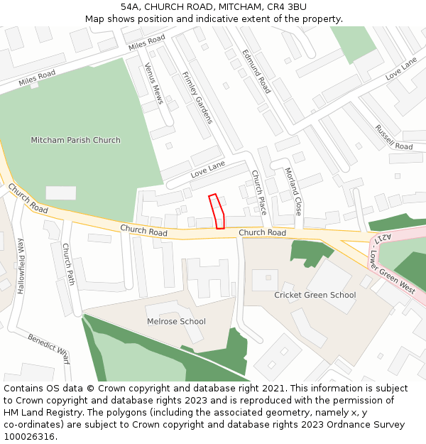 54A, CHURCH ROAD, MITCHAM, CR4 3BU: Location map and indicative extent of plot