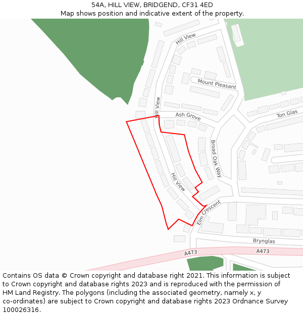 54A, HILL VIEW, BRIDGEND, CF31 4ED: Location map and indicative extent of plot