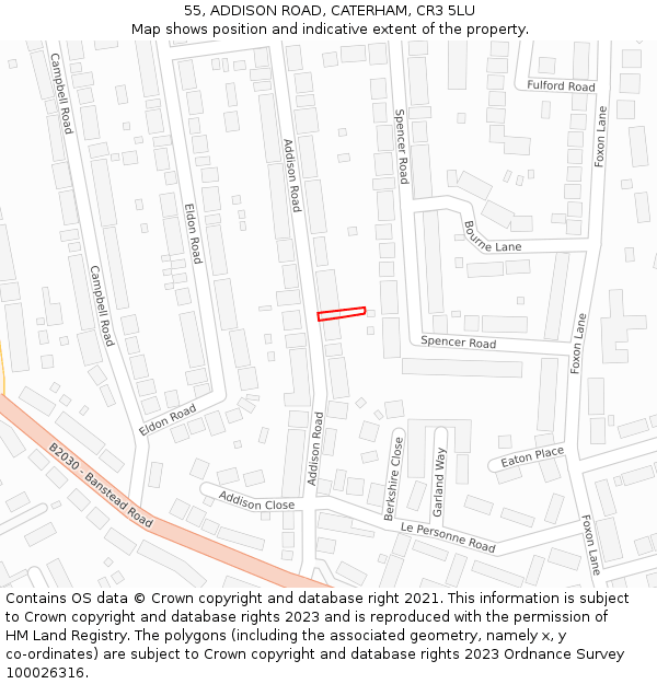 55, ADDISON ROAD, CATERHAM, CR3 5LU: Location map and indicative extent of plot