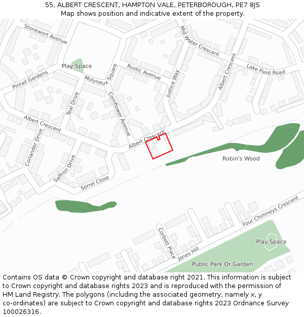 55, ALBERT CRESCENT, HAMPTON VALE, PETERBOROUGH, PE7 8JS: Location map and indicative extent of plot