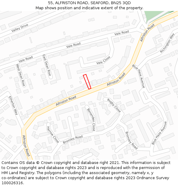 55, ALFRISTON ROAD, SEAFORD, BN25 3QD: Location map and indicative extent of plot
