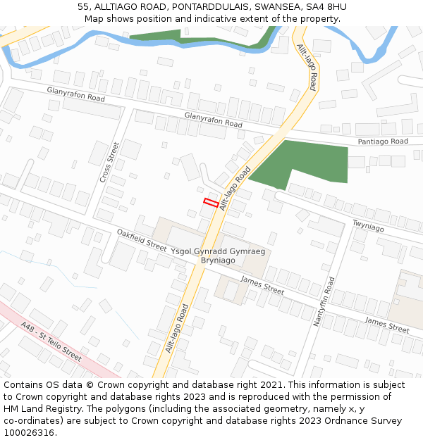 55, ALLTIAGO ROAD, PONTARDDULAIS, SWANSEA, SA4 8HU: Location map and indicative extent of plot