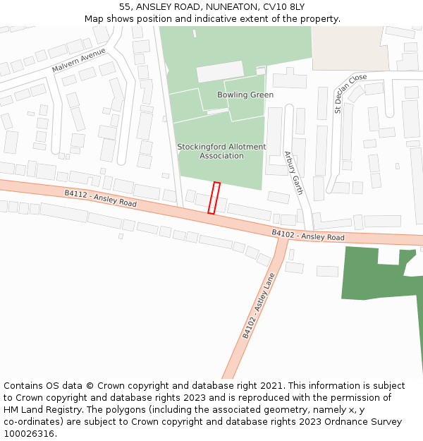 55, ANSLEY ROAD, NUNEATON, CV10 8LY: Location map and indicative extent of plot