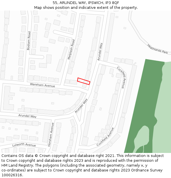 55, ARUNDEL WAY, IPSWICH, IP3 8QF: Location map and indicative extent of plot