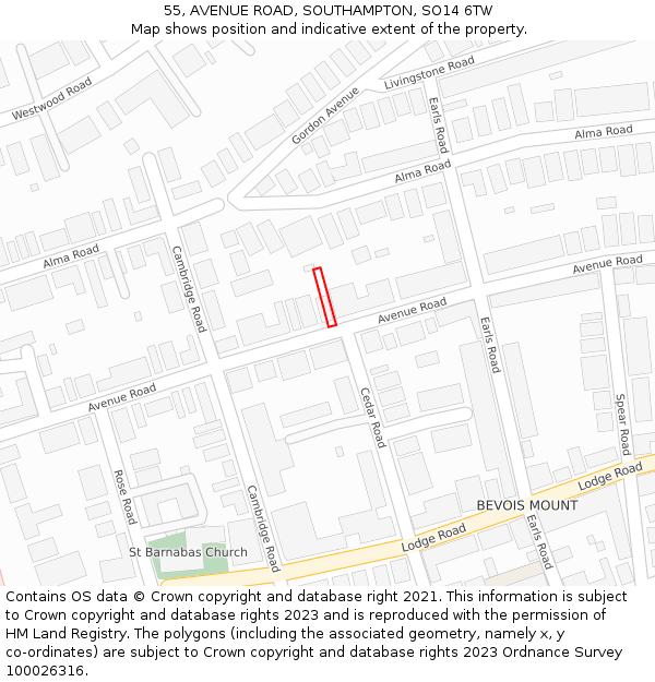 55, AVENUE ROAD, SOUTHAMPTON, SO14 6TW: Location map and indicative extent of plot