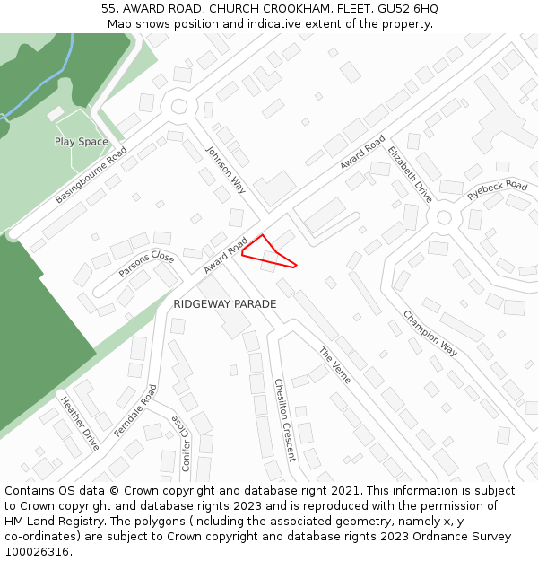 55, AWARD ROAD, CHURCH CROOKHAM, FLEET, GU52 6HQ: Location map and indicative extent of plot