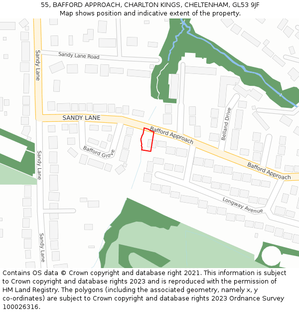55, BAFFORD APPROACH, CHARLTON KINGS, CHELTENHAM, GL53 9JF: Location map and indicative extent of plot
