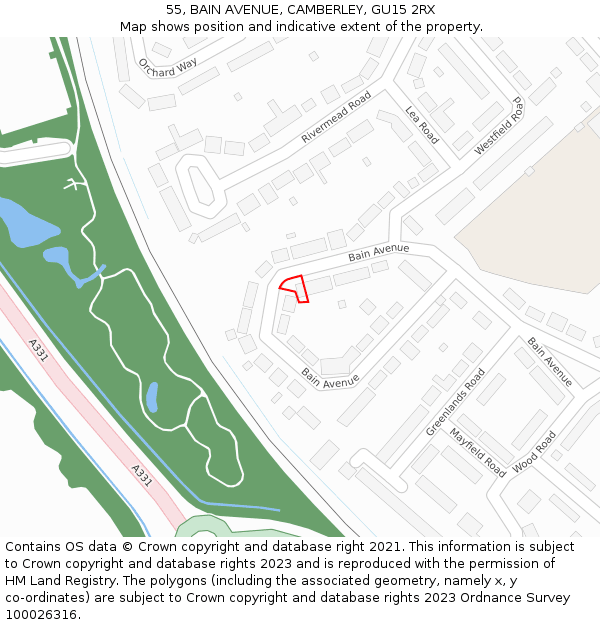 55, BAIN AVENUE, CAMBERLEY, GU15 2RX: Location map and indicative extent of plot