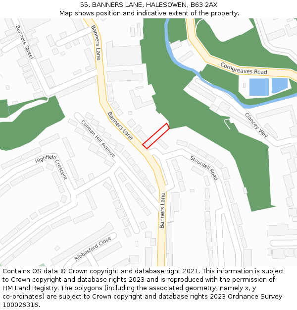 55, BANNERS LANE, HALESOWEN, B63 2AX: Location map and indicative extent of plot