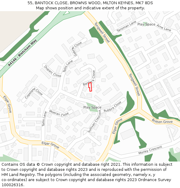 55, BANTOCK CLOSE, BROWNS WOOD, MILTON KEYNES, MK7 8DS: Location map and indicative extent of plot