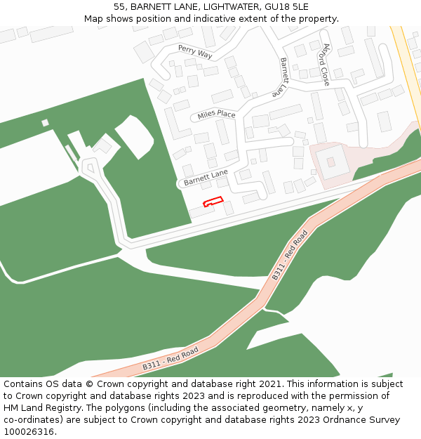 55, BARNETT LANE, LIGHTWATER, GU18 5LE: Location map and indicative extent of plot